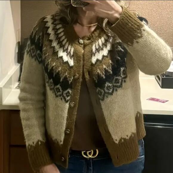 SOLD - Polo Ralph Lauren Fair Isle Cardigan Sweater SMALL Nordic Brown Designe - Picture 5 of 9